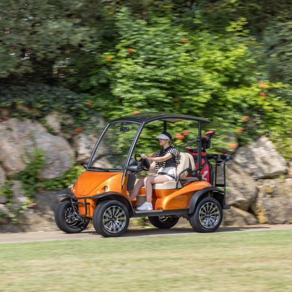 Garia Luxury Golf Cart in stylish black and orange design